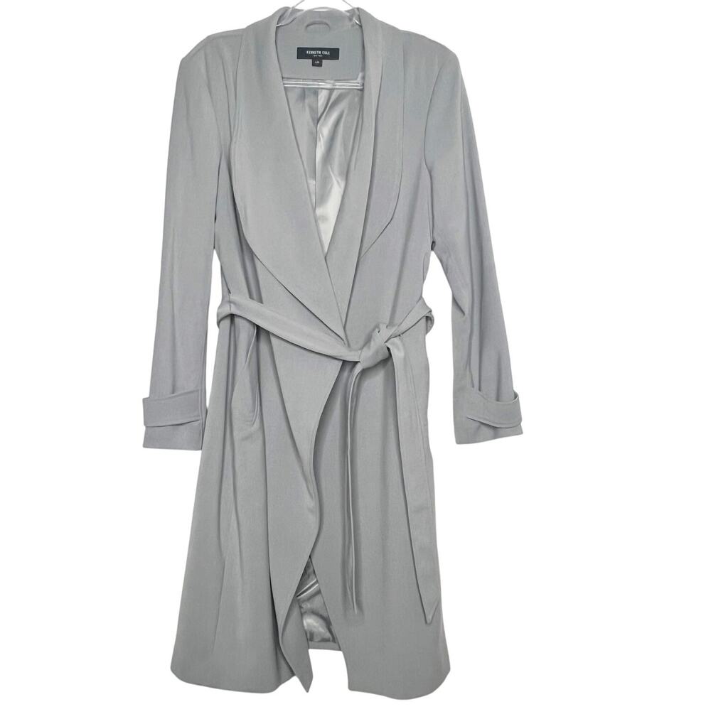 KENNETH COLE Trench Coat Belted Long Sleeve Shawl Collar Light Blue Size Large